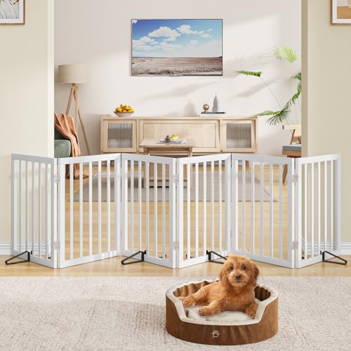 Wooden Dog Gate Freestanding Foldable 6 Panel Pet Gates Extra Wide Dog Gates for Indoor Doorways Stairs 24in Height Support Feet Included (Bamboo Dog Gate White / 6 Panel - 110 inches Wide)