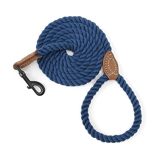 Dog Leash Braided Cotton Rope with Leather (Navy / 48 Inch-1/2")