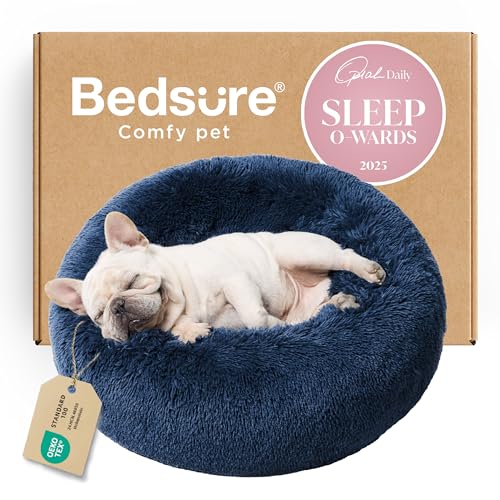 Calming Small Dog Bed Donut Washable Cat＆Puppy Bed (23"L x 23"W x 8"Th / Navy)