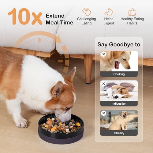 Ceramic Slow Feeder Dog Bowls with Silicone Base (Medium-8 inches / Black)