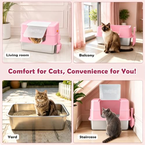 XL Enclosed Stainless Steel Cat Litter Box with Lid (Pink)