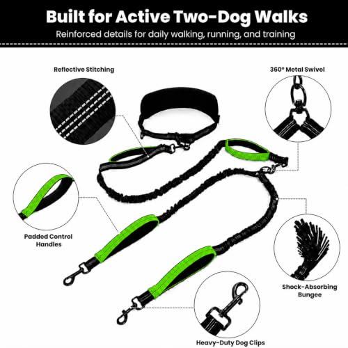 Hands Free Double Dog Leash (Black Green)