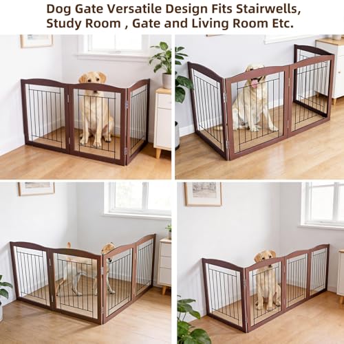 Freestanding Foldable Dog Gate for House Extra Wide Wooden Brown Puppy Gate Stairs Dog Gates Doorways Tall Pet Gate 32 "Height 3 Panels Pet Fence (Brown / 【3 Panels】60''w x 32''h)