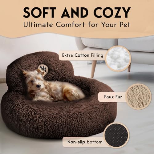 PetJett Calming Dog Bed for Small Dogs (Brown / Small - 23”L x 23”W x 8”Th)
