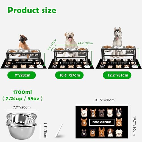 Metal Elevated Dog Bowls Stand for Large Dogs with Mat & Three 58oz Food Water Bowls (Black-1.7L-Three)
