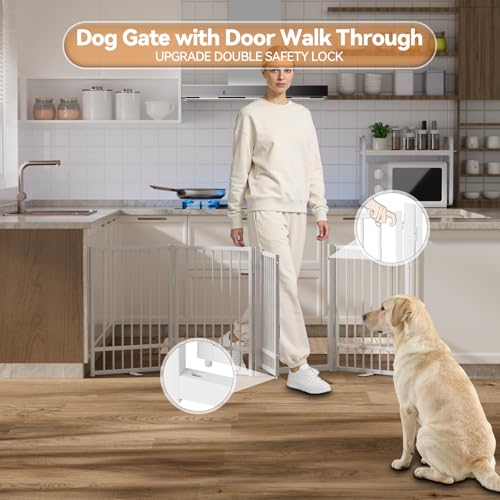 Full Metal Freestanding Dog Gate with Door (【4 Panels】80"W*32H" / White)