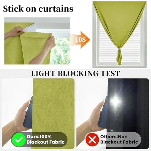 100% Blackout Magic Tape Stick On Curtains Window Shades Pull Down Blackout Window Cover No Drillng Self Adhesive Curtains No Rod Small Windows (35"W x 60"L (Pack of 1) / Fruit Green)