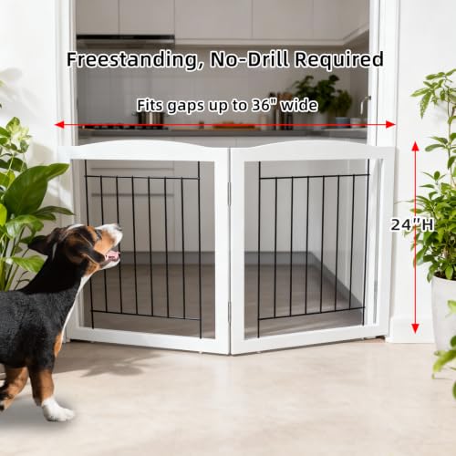 Freestanding Foldable Dog Gate for House Extra Wide Wooden White Indoor Puppy Gate Stairs Pet Gates Doorways Pet Gate Tall Dog Fence 2 Panels (White / 【2 Panels】40''w x 24''h)