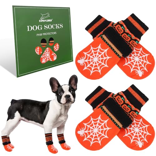 Halloween Anti Slip Dog Socks to Prevent Licking Paws (Medium (4 Count) / Halloween Orange)