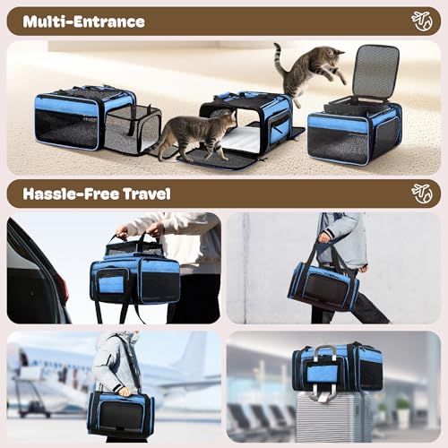Top and 2 Sides Expandable Cat Carrier 18x13.5x9.5 TSA Airline Approved (Blue / 18.0"L x 13.5"W x 9.5"H)