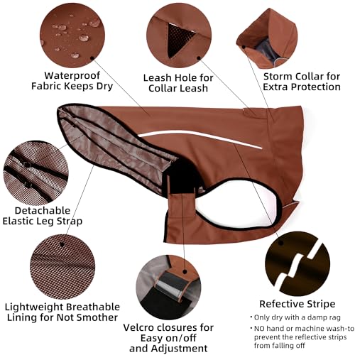 Dog Raincoat Adjustable Waterproof Reflective Rain Jacket for Small Medium Large Dogs (M Chest 26"-32" / Brown)