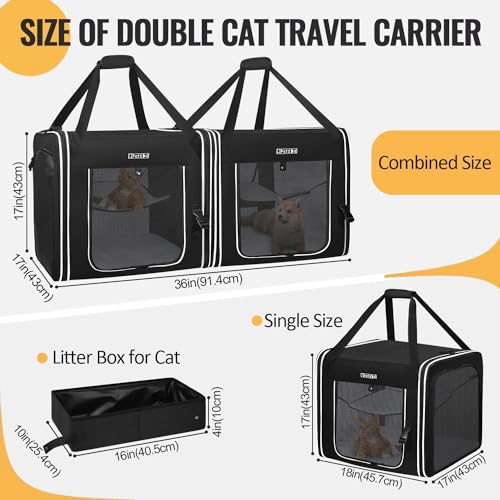 Portable Double Cat Carrier with Litter Box for Multiple Cats (36.0"L x 17.0"W x 17.0"H / Black)