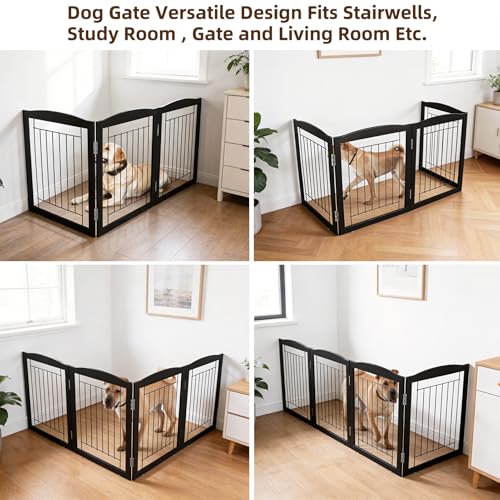 Freestanding Foldable Dog Gate for House Extra Wide Wooden Black Puppy Gate Stairs Dog Gates Doorways Tall Pet Gate 3 Panels Pet Fence (Black / 【3 Panels】60''w x 32''h)