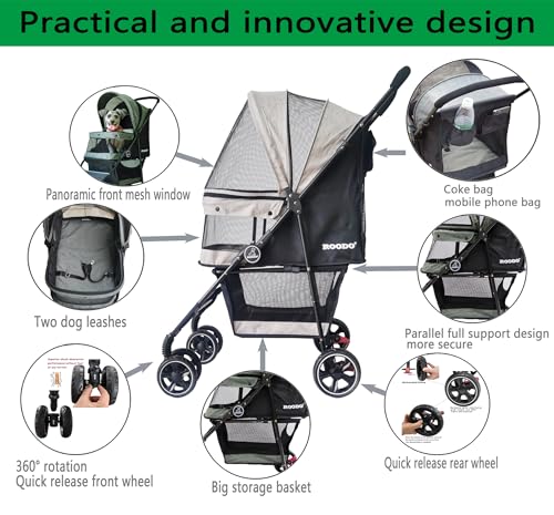 4 Wheel Dog Cat Pet Stroller Best Lightweight Foldable Compact Portable Jogger All Terrain Travel Pet Gear Puppy Doggie Bunny Kitty Stroller for up to 30lbs Medium Small Dogs Cats (Light khaki)