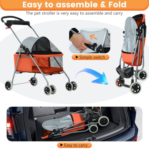 Foldable Pet Stroller for Small (Orange)