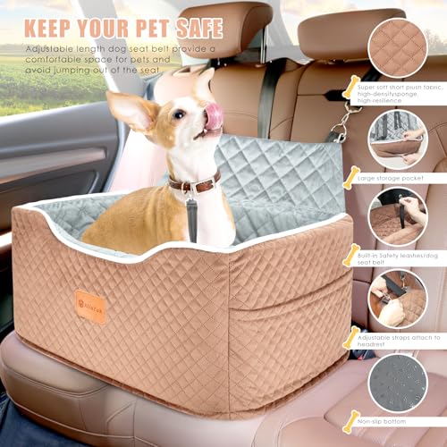 Dog Car Seat Memory Foam Booster for Medium Dogs up to 45 lbs (Brown / Medium)