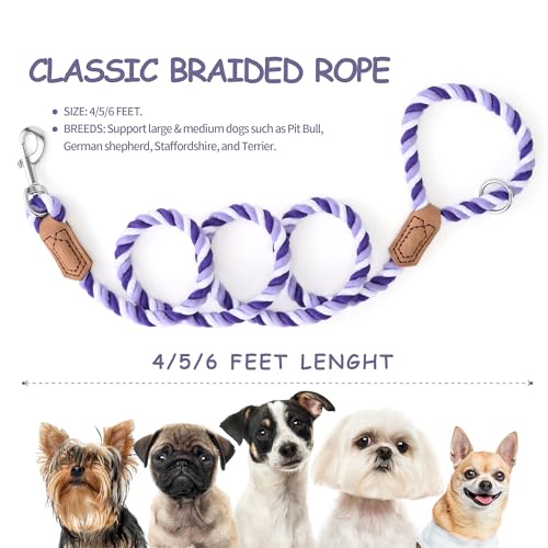 Rainbow Dog Leash Braided Cotton Rope w Leather (Purple Gradient / 60 Inch-1/2")