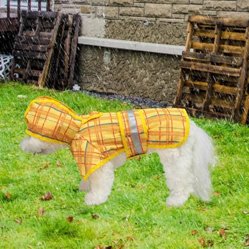 Dog Raincoat Hooded Slicker Poncho with Leash Hole (S:10-15lbs / Plaid Yellow)