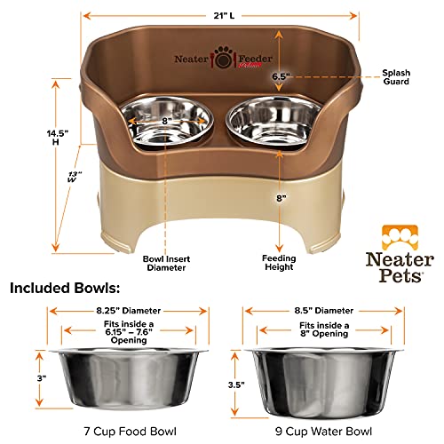 Neater Feeder Deluxe Mess Proof Dog Bowls Elevated for Large Dogs Over 40 lbs (Large with Standard Bowl / Bronze)