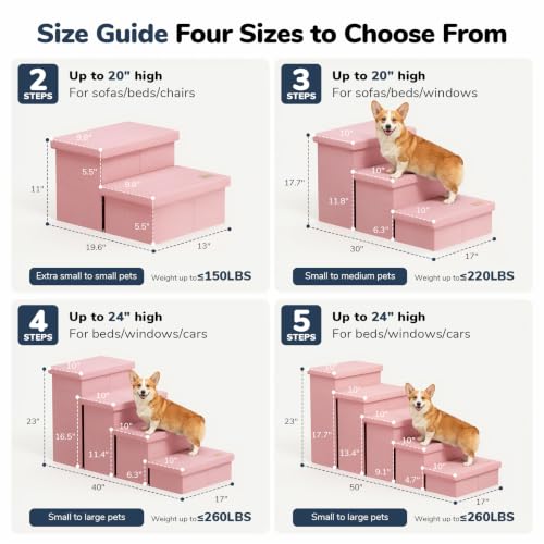 3 Step Wide Dog Stairs with Hidden Storage 18" H (Pink / 30"D x 17"W x 17.7"H)