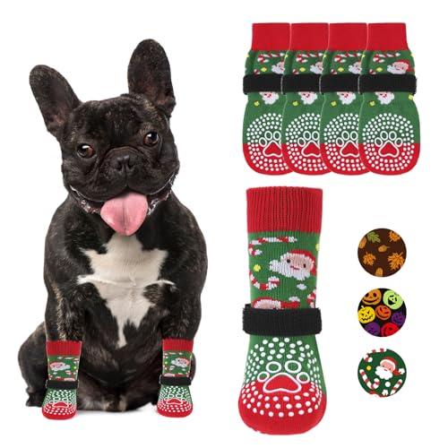 Anti Slip Dog Socks for Hot (Christmas Green / Small/Medium (4 Pack))
