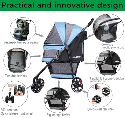 4 Wheel Dog Cat Pet Stroller Best Lightweight Foldable Compact Portable Jogger All Terrain Travel Pet Gear Puppy Doggie Bunny Kitty Stroller for up to 30lbs Medium Small Dogs Cats (Sky blue)