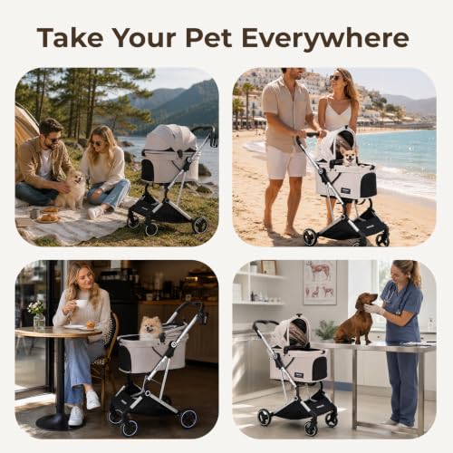 Beberoad T4 Pet Stroller for Small Medium Dogs & 2 Cats Foldable (Beige)