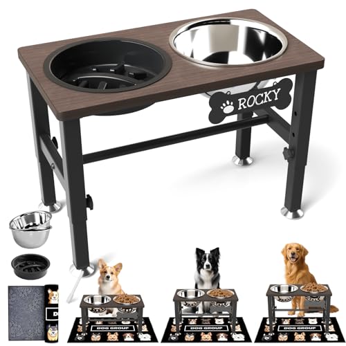Elevated Dog Bowls with Slow Feeder & Mat for Medium Large Dogs (Coffee-1.7L)