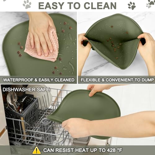 Waterproof Silicone Pet Food Mat with Raised Edge for Dog & Cat (12"L x 12"W / Light Olive Green)