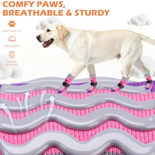 Dog Socks to Prevent Licking Paws with Grippers for Hardwood Floors Anti Slip (Large / Pink)