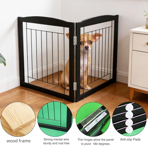 Freestanding Foldable Dog Gate for House Extra Wide Wooden Indoor Puppy Gate Stairs Doorways Pet Gate Tall Dog Fence 2 Panels Fence Black (Black / 【2 Panels】40''w x 24''h)