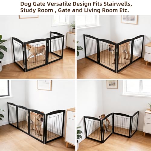 Freestanding Foldable Dog Gate for House Extra Wide Wooden Black Indoor Puppy Gate Stairs Dog Gates Doorways Tall Pet Gate 4 Panels Fence (Black / 【4 Panels】80''w x 24''h)