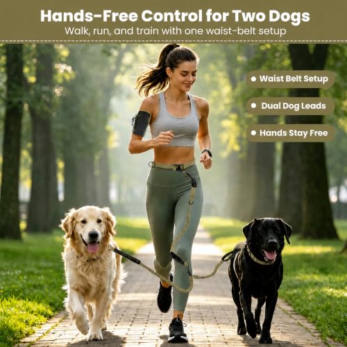 Hands Free Double Dog Leash (Khaki)