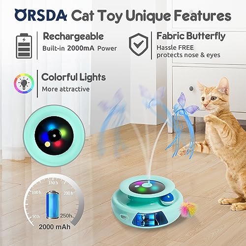 Cat Toy, 3-in-1 Automatic Interactive Electronic Moving Ambush Feather, Fluttering Butterfly, Track Balls, USB Rechargeable Powered Smart Indoor Exercise Kicker (Robin Egg Blue)