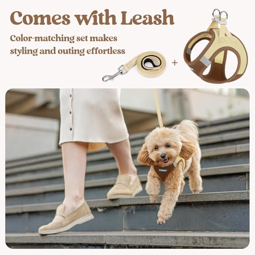 Dog Harness Medium Sized and Leash Set (Brown & Beige / M (chest: 16 - 18.5"))