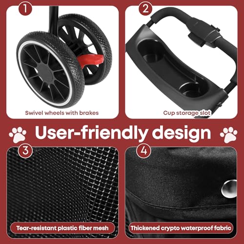 Pet Stroller Dog Stroller for Small Medium Dogs Cats (Red+Black)