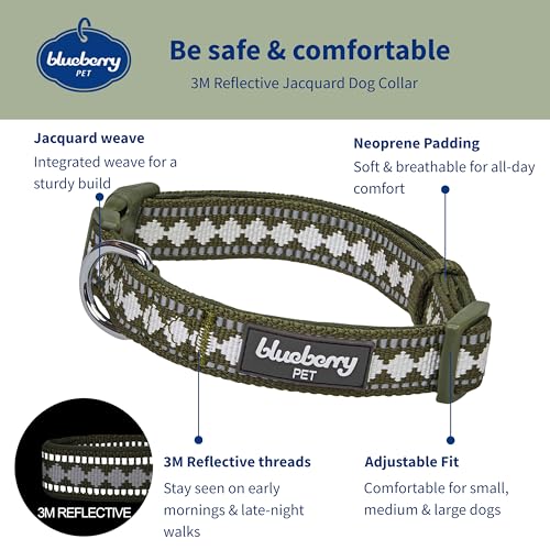 3 Colors 3M Reflective Jacquard Neoprene Padded Adjustable Dog Collar (Small / Polyester Buckle- Olive)