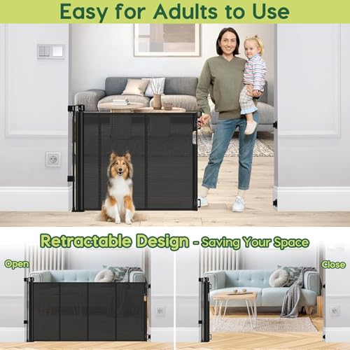 2 Pack Reinforced 55" Wide Retractable Baby Gates with Reinforced Strips (Black / 2 Pack - 33" Tall x 55" Wide (With Reinforced Bar))