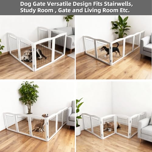 Freestanding Foldable Dog Gate Wooden Extra Wide White Puppy Gate 6 Panels Tall Pet Gates for The House Dog Fence (White / 【6 Panels】120''w x 32''h)