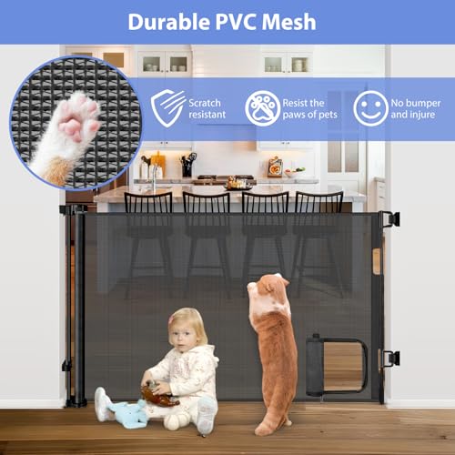 Retractable Baby Gates with Cat Door 80" Wide Retractable Dog Gate with Pet Door Outdoor Retractable Gate for Dogs Retractable Pet Gate with Door Mesh Baby Gate Retractable Mesh Dog Gate (Black / 33" X 80"（With Cat Door ）)