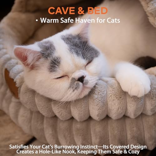Cat Cave Bed for Indoor Cats Covered Hooded Pet Bed with Cushion (Khaki)