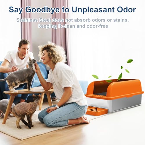 XL Enclosed Stainless Steel Cat Litter Box for Big Cats (Orange & Sliver / Large)