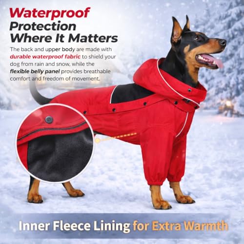 Fleece Lined Dog Raincoat with Removable Hood (Red-Fleeced / 4XL (Back 23.5"))