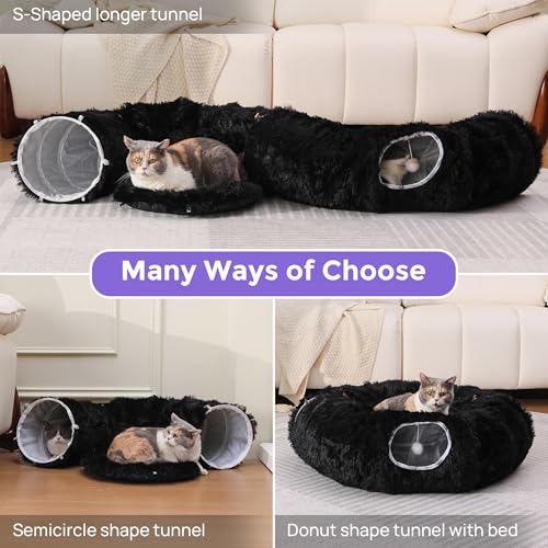 Plush Cat Tunnel Bed for Indoor Cats with Soft Cushion (Black)
