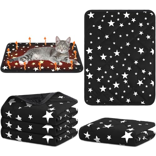 4 Pack Self Warming Cat Bed Self Heating Cat Mat Star Pattern Soft Dog Crate Pad Thermal Pet Mat Anti Slip Kennel Dog Washable Warming Bed for Outdoor Indoor (18 x 24 Inch / Black)