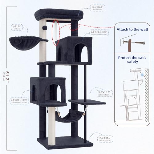 Cat Tree Tower with Sturdy Steel Tube for Indoor Cats GCT014G (51.2 inches / Smoky gray)