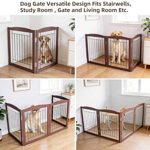 Freestanding Foldable Dog Gate for House Extra Wide Wooden Indoor Puppy Gate Stairs Doorways Pet Gate Tall Dog Fence 2 Panels Fence Brown (Brown / 【2 Panels】40''w x 24''h)
