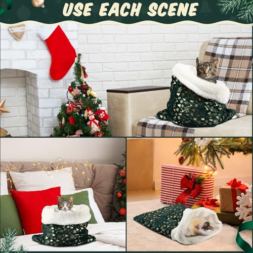 Christmas Self Warming Cat Sleeping Bag Cave Bed (Christmas Style / Green)