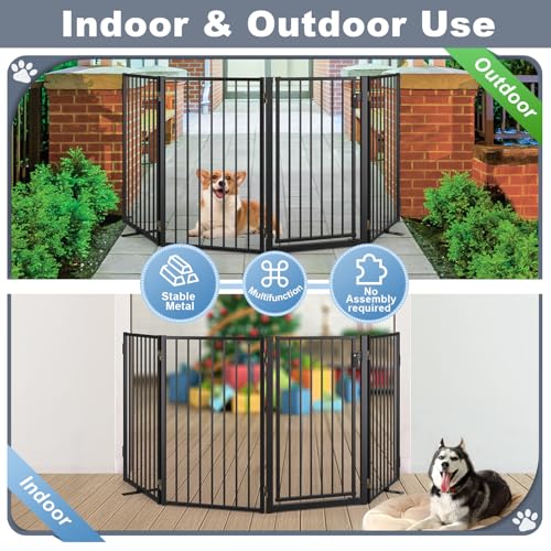 Metal Freestanding Dog Gates with Door for Outdoor Indoor (Black / 【4 Panels with Door】 24''H*80''W)