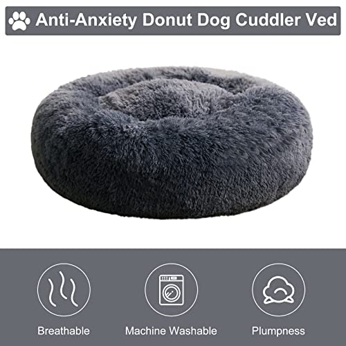 Large Round Calming Dog Bed Cat Bed for Comfy Sleep (36"L x 36"W x 10"Th / Navy Grey)